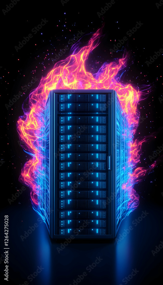 Poster glowing server rack with bright flames. data processing, high performance, energy generative ai