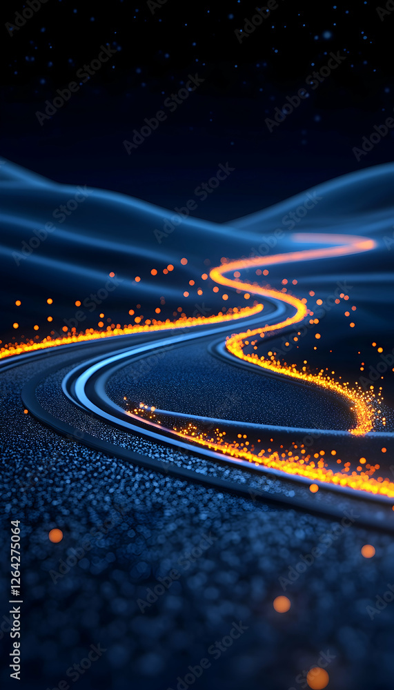 Poster glowing road curves through dark hills. abstract travel background for web use generative ai