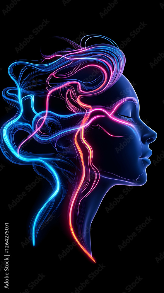 Poster glowing silhouette of woman's head with light streams; visualizing inner thoughts generative ai