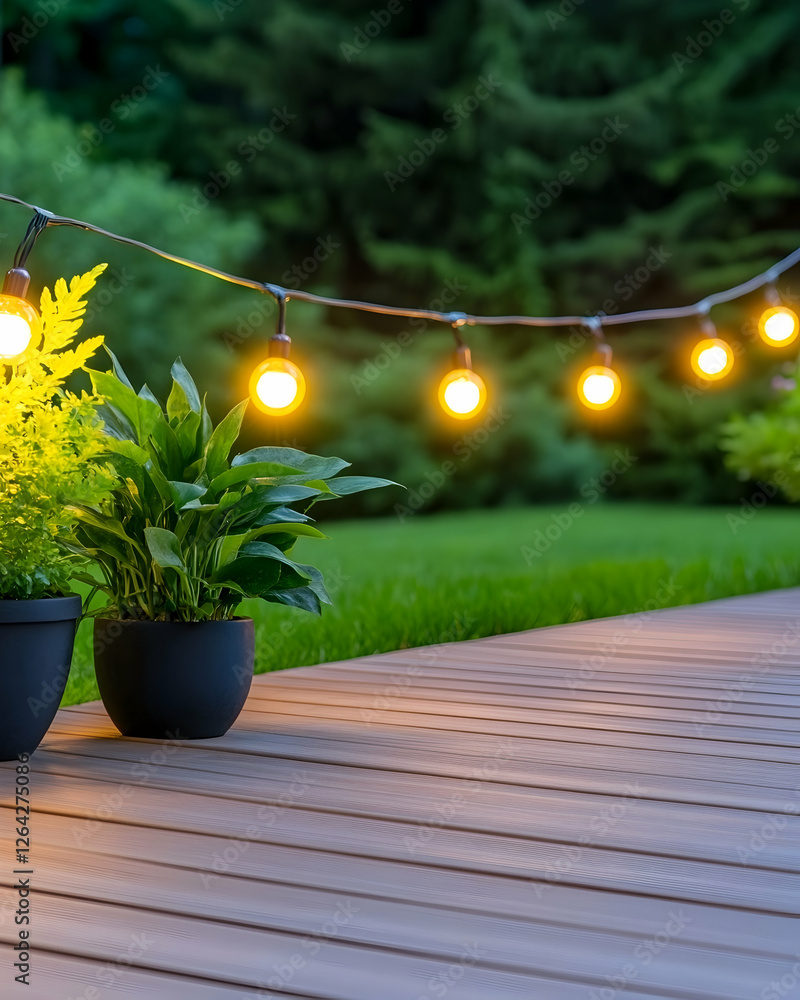 Poster glowing string lights decorate wooden patio with greenery in the background for decor generative ai