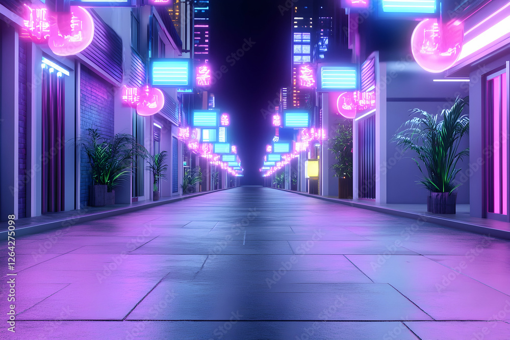 Poster glowing street view at night with city buildings for background. architecture usage generative ai