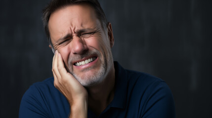 Obraz premium Close-up of a distressed man with a toothache, pressing his cheek, showing pain and discomfort.
