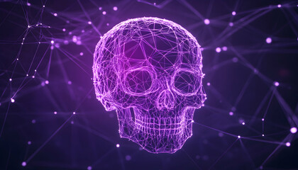 Glowing skull plexus for Halloween and death concept in a cyber network background generative AI