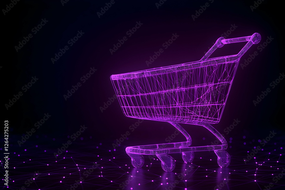 Poster glowing wireframe shopping cart on a connected dot grid against dark background generative ai