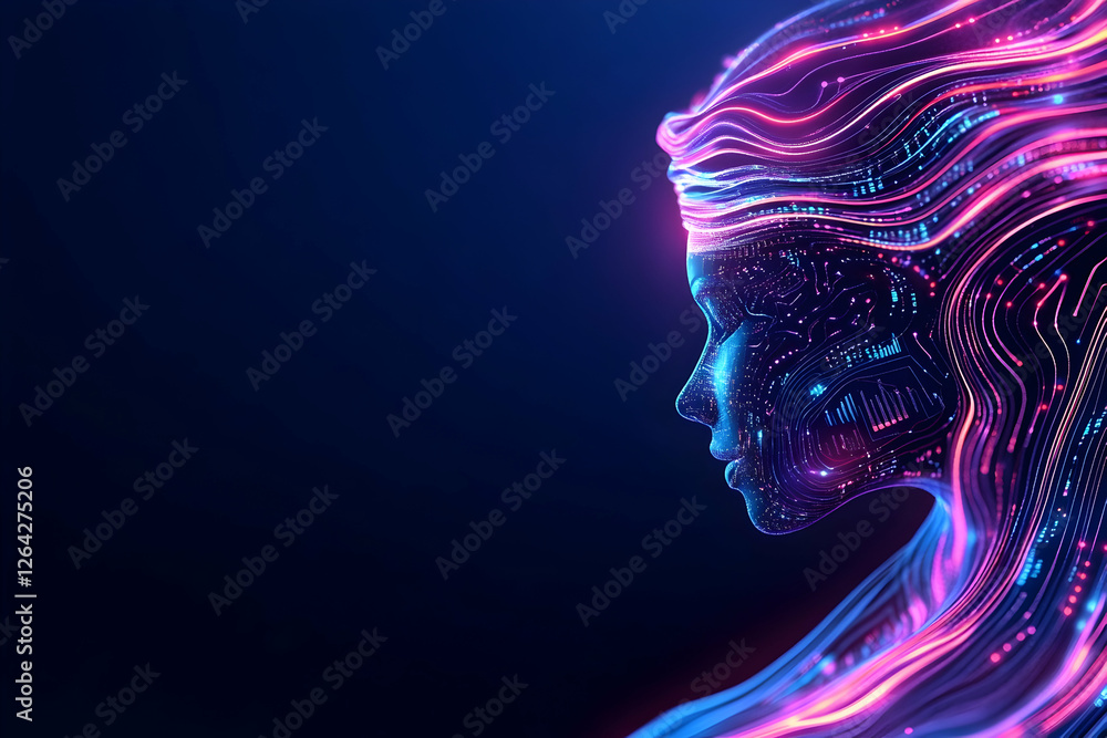 Aufkleber glowing woman profile; digital art. tech circuit lines flow on dark background generative ai