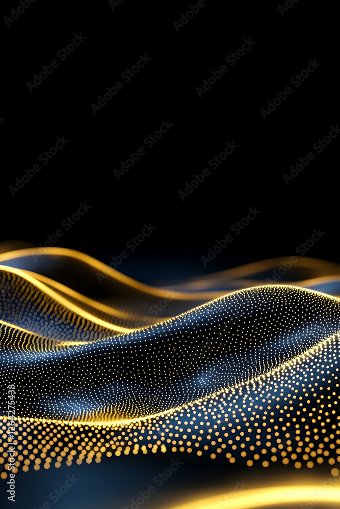 Poster gold particle waves flow on blue surface over black, abstract background for design generative ai