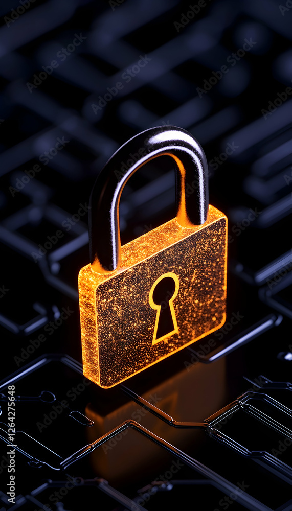 Poster golden padlock glowing over a dark circuit board for security technology usage generative ai