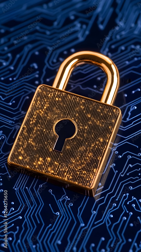 Aufkleber golden padlock sits atop blue circuit board, guarding data; concept for tech security generative ai