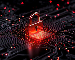 Golden padlock on circuit board indicates data protection, security and privacy generative AI