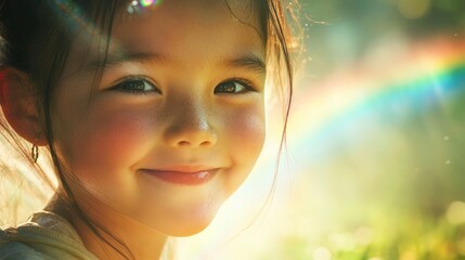 Fototapeta premium Happy child smiling outdoors, rainbow background, nature, joy, childhood