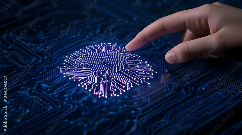Poster finger touching digital brain, futuristic background, idea of ai for tech articles generative ai