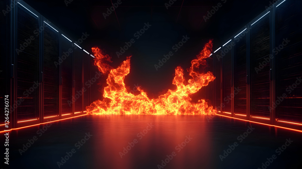 Poster fire engulfs server room concept for data loss, cyberattack, system crash use generative ai
