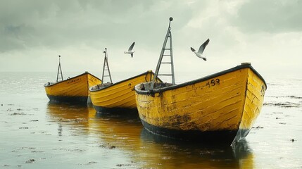 Fototapeta premium Yellow Fishing Boats on the Ocean Against a Cloudy Horizon with Seagulls Flying Above in a Seascape View Under a Dramatic Sky