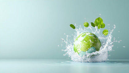 Green globe splashing in water, with leaves, for environmental campaigns or education generative AI