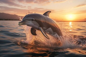 Fototapeta premium A dolphin leaping out of the ocean. Dolphins leaps and plays in the ocean waves