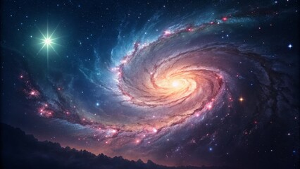 Obraz premium Cosmic Spiral Galaxy Starry Night Landscape, Digital Art, Space, Nebula Space, Astronomy