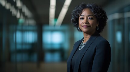 Confident black businesswoman exudes professionalism and leadership in a corporate setting