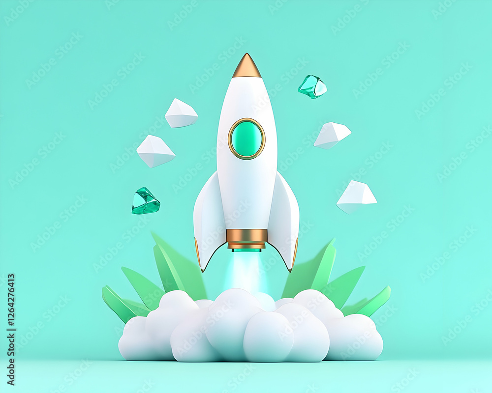 Poster 3d rocket launching on pastel background for start-up or progress concept generative ai