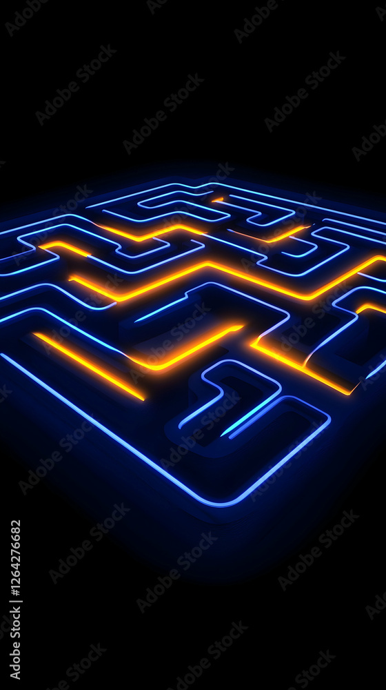 Poster a glowing path through a blue maze with a dark background for puzzles generative ai