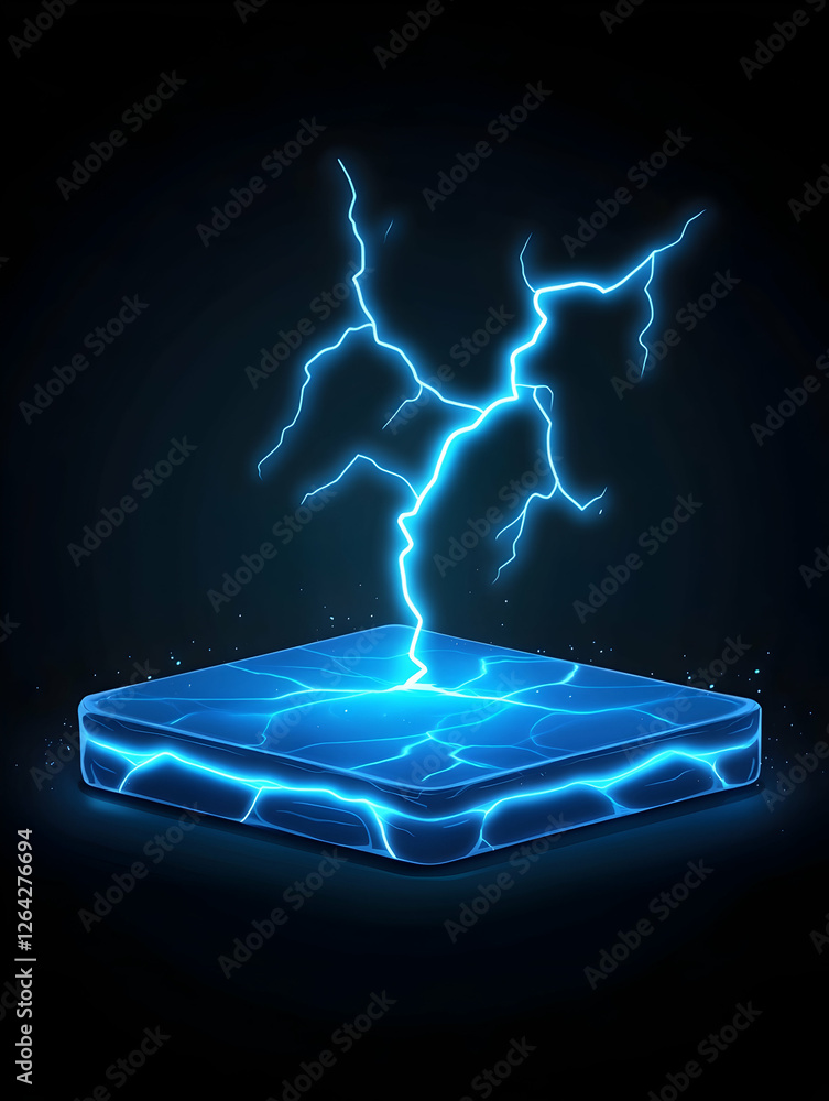 Poster a lightning strike on a cracked platform, with a dark backdrop. use tech icon generative ai