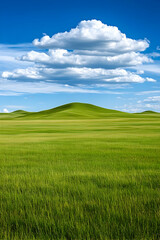 Obraz premium Green prairie, serene landscape. Lush plains meet sky. Clouds form. Use tourism generative AI