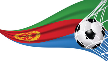 Fototapeta premium Soccer football ball in goal net with Eritrea wavy flag، Sports accessory equipment