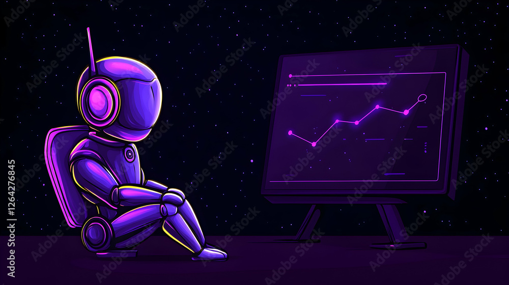 Poster a robot analyst examines charts in the dark of space, for future investment generative ai
