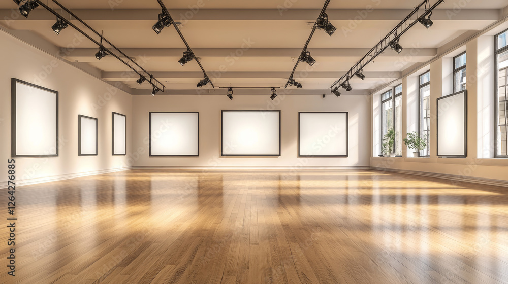 Aufkleber top view of empty gallery with blank picture frames illuminated by spotlights. vector realistic inte