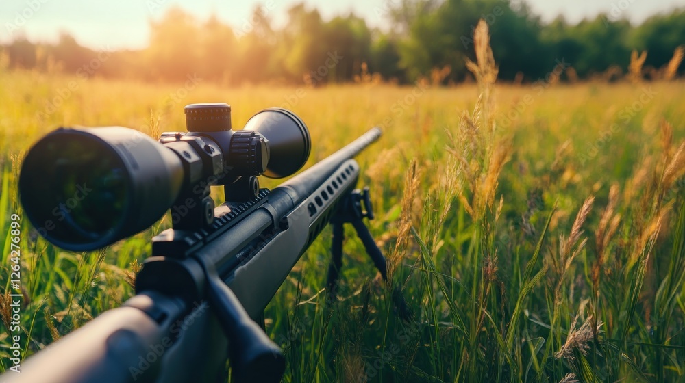 Poster a close-up of a rifle with a scope resting in a grassy field during sunset.