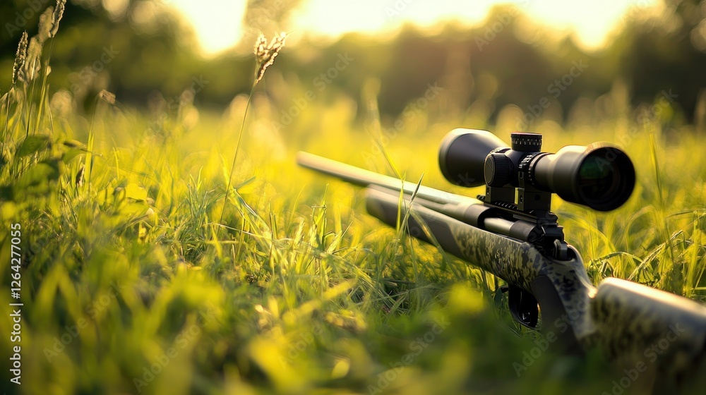 Poster a close-up of a rifle with a scope resting on grass in a natural setting.