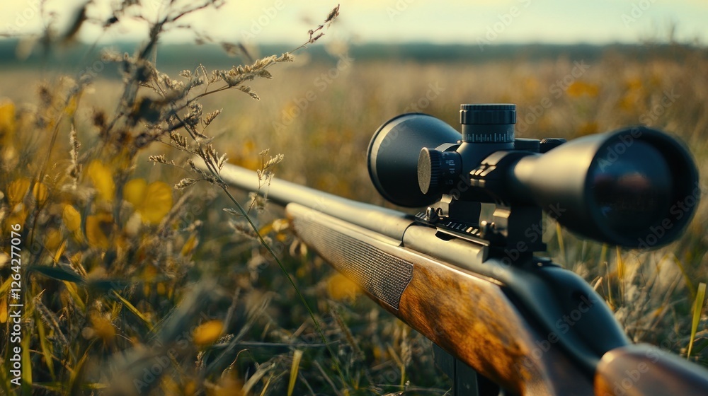 Poster a close-up of a rifle with a scope resting in a grassy field during sunset.