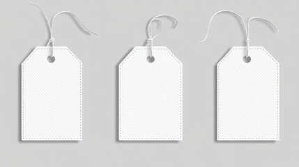 Blank clothes tags, fashion labels with seams. Empty white fabric badges for shirts, dresses and apparel with stitches isolated on transparent background, vector realistic set