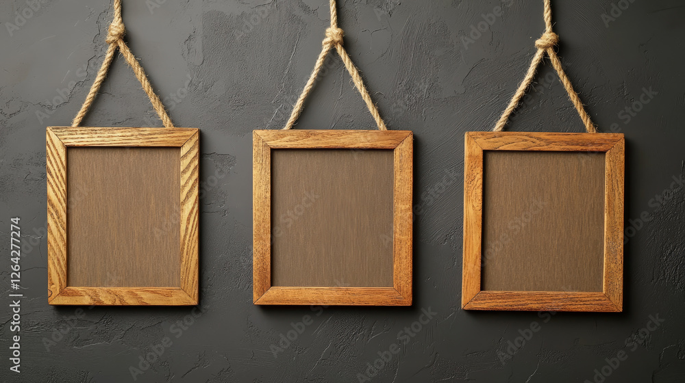 Poster wooden bamboo sign board frame game ui vector set. wooden signboard with rope on stick and border is