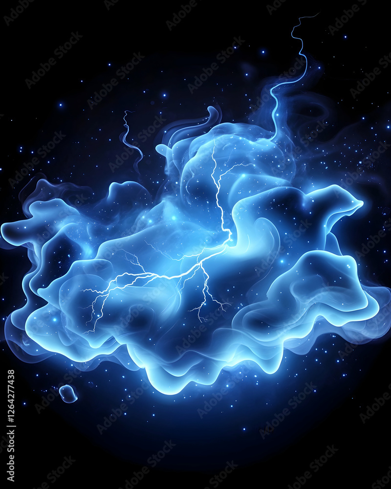Poster abstract blue lightning cloud on black background for use as a graphic element generative ai
