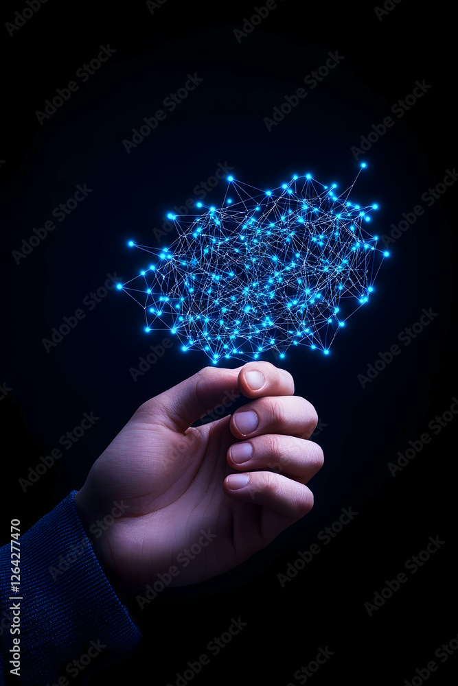 Aufkleber hand holding glowing node network in dark space. conceptual, technology background generative ai