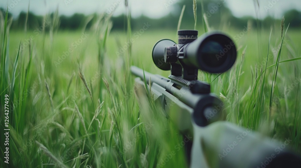 Poster a close-up of a rifle with a scope, positioned in a field of tall grass.
