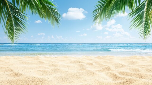 Tropical beach paradise, palm tree swaying under clear blue sky on a sunny day scenic