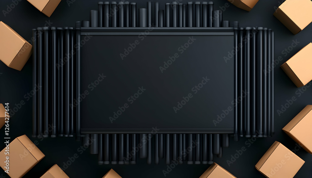 Poster abstract box delivery. packages border a black square for messaging or use generative ai