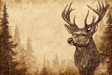 Engraved deer portrait with intricate line work in sepia tones featuring space for custom text. Generative AI
