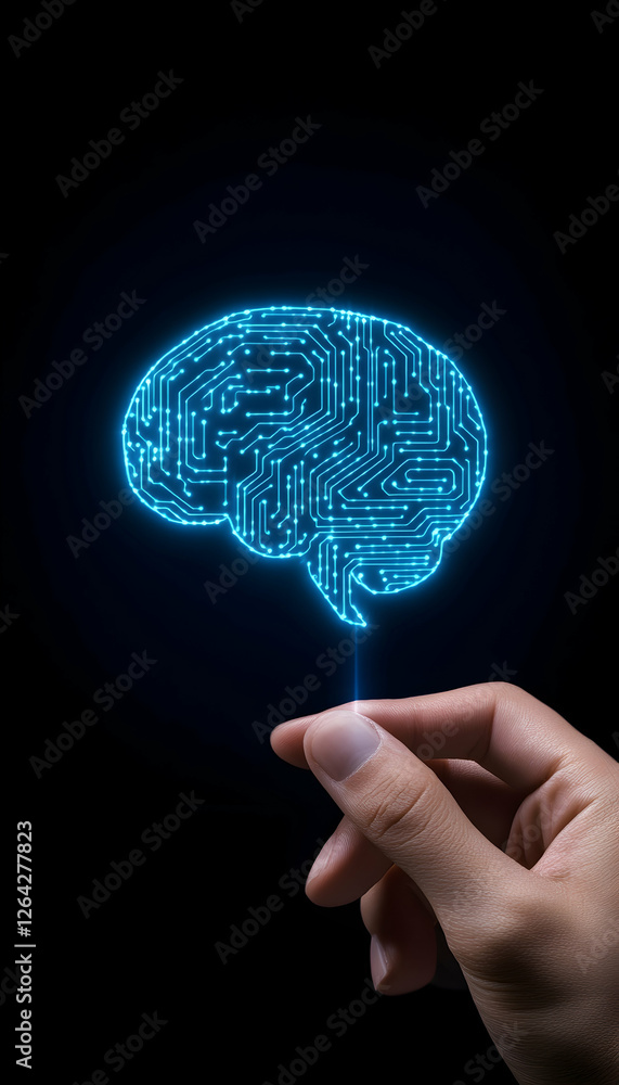 Poster hand holds glowing brain circuit. ai, technology or intellect concept. dark background generative ai