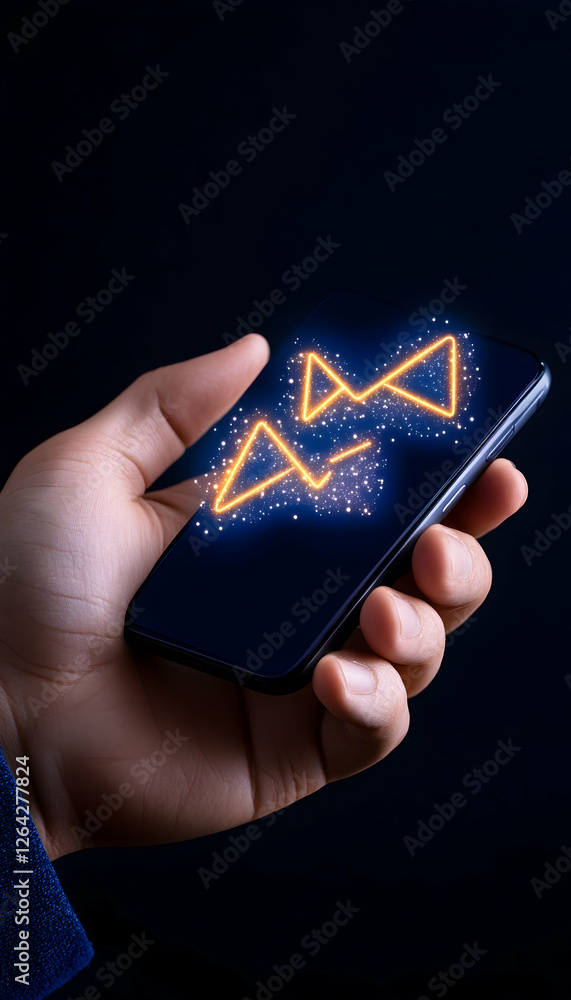 Poster hand holds a smartphone with glowing abstract graphic against a dark background generative ai