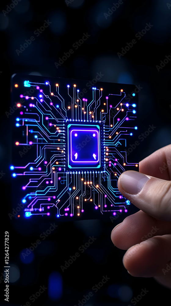 Poster hand holds glowing chip. circuit board concept. tech future, innovation background generative ai