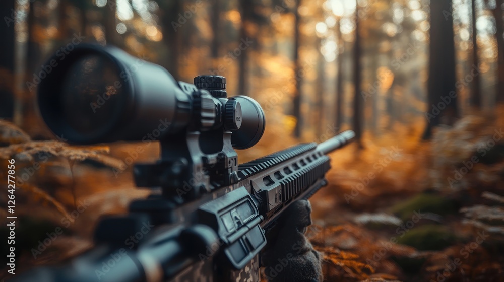 Poster a close-up of a rifle with a scope, set in a forest during autumn.