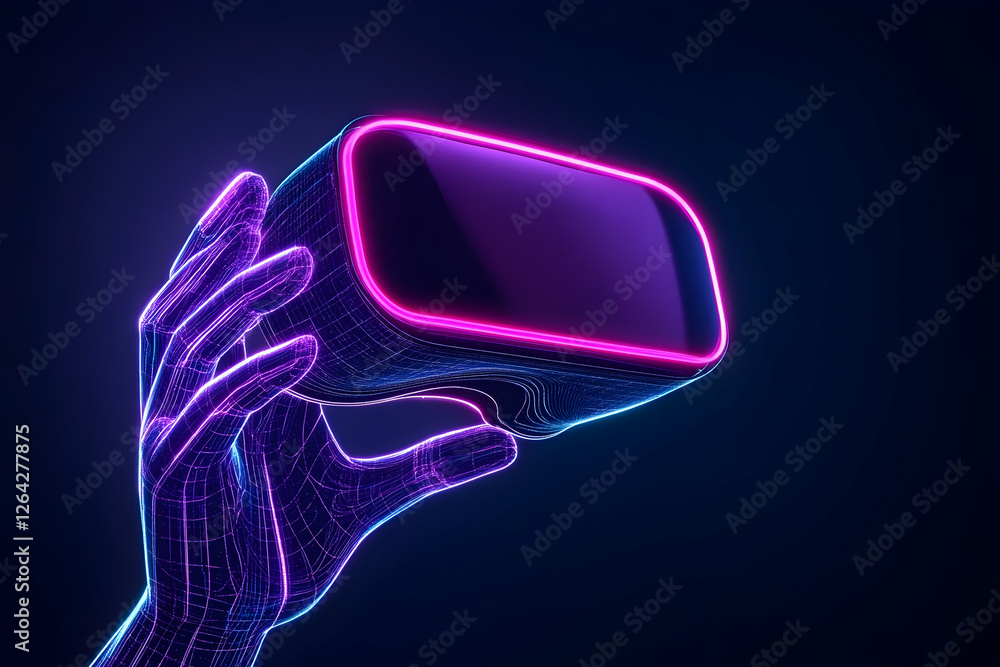 Poster hand holds a virtual reality headset with a neon glow against a dark backdrop generative ai