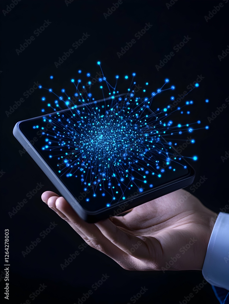 Poster hand holds phone displaying blue digital network nodes for connectivity uses generative ai