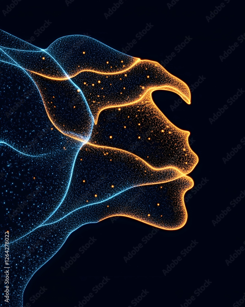 Poster abstract face created with wavy blue and orange glowing dotted lines on dark backdrop generative ai