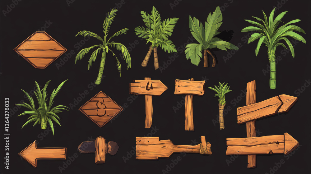 Poster wood pointer bamboo game ui frame vector. direction arrow sign board on stick set. isolated tropical