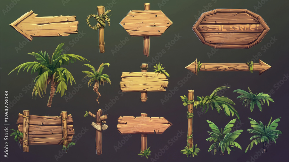 Poster wood pointer bamboo game ui frame vector. direction arrow sign board on stick set. isolated tropical