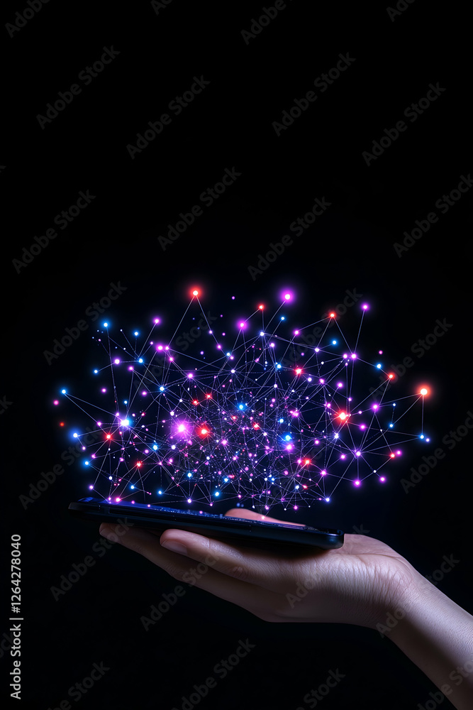 Poster hand holds phone projecting digital network, isolated. tech concept for business generative ai