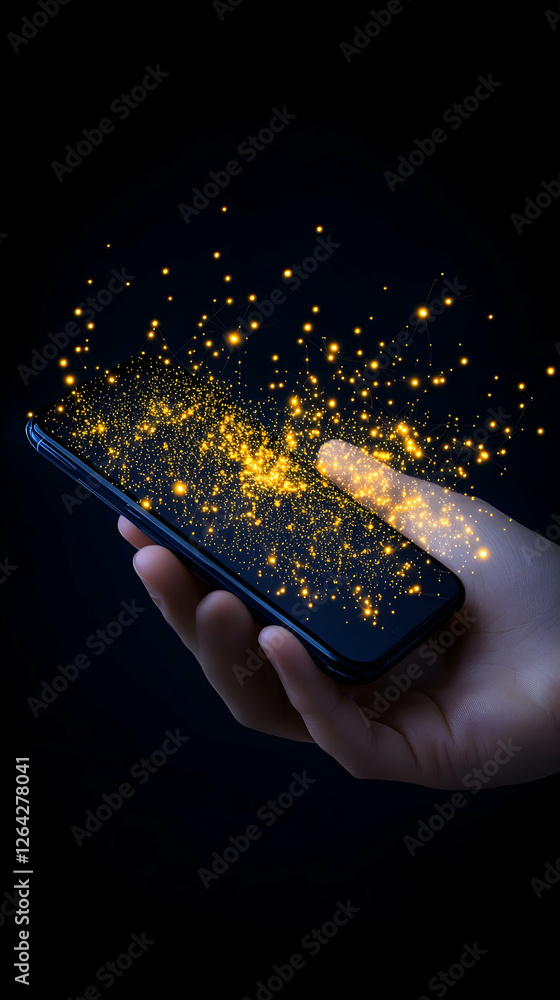 Poster hand holds phone with golden particles floating. mobile tech, connection concept generative ai